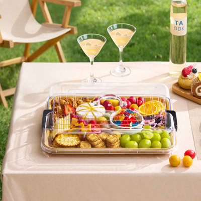 Charcuterie Board, 11*14" Portable Cheese Board With Plastic Lockable Clear Lid, Travel Charcuterie Board Serving Platter With Cover For Snacks, Fruit, Appetizers