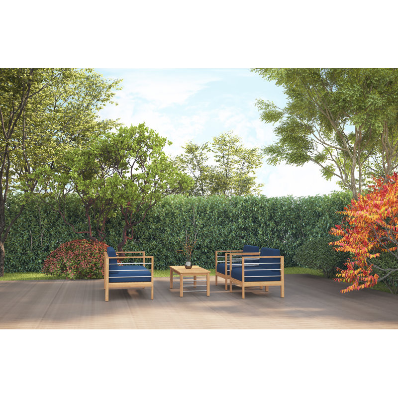 Ensemble de conversation d'extérieur en teck avec coussins Sunbrella 4 pièces Leon, Bleu marine