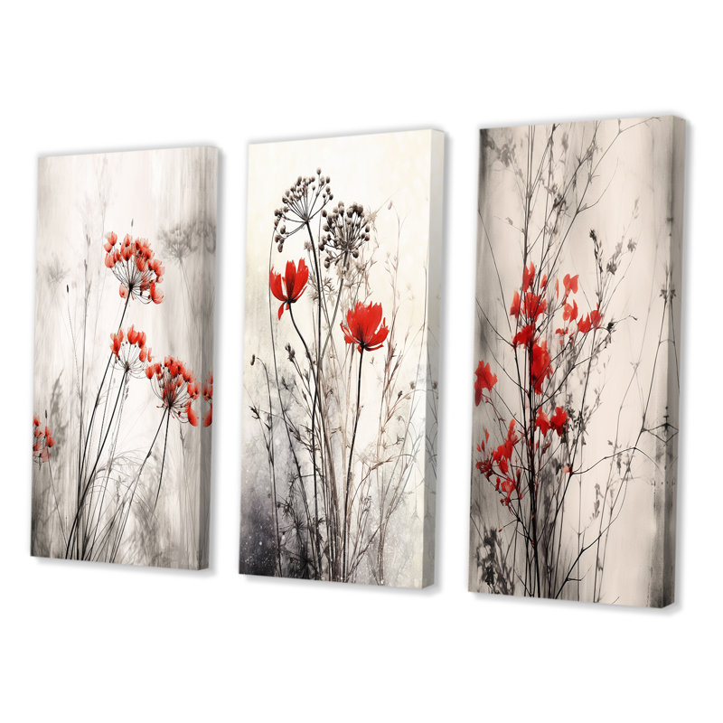 «Red Gray Herb Garden», 3 pièces sur toile, Toile tendue, H 32 po x l 48 po