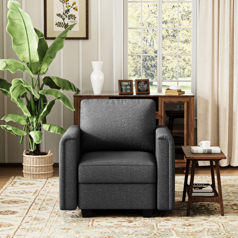 Canapé modulaire modulaire avec rangement dissimulé, convertible en lit, coussin en mousse à mémoire de forme de 27 po, lin gris, 1 siège, ressorts et convertibles en forme de S, cadre à ressorts hélicoïdaux