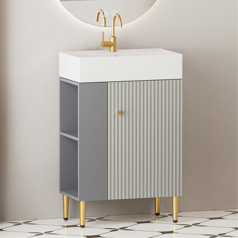 Meuble-lavabo à tablettes ouvertes de 21,6 po avec lavabo en céramique et porte à fermeture douce, armoire de rangement à tablettes ouvertes sur le côté gauche, assemblage requis