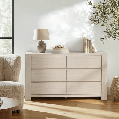 55” 6-Drawer Dresser With Large Storage, Chest of Drawers with Charging Station for Bedroom, Living Room, Light Oak