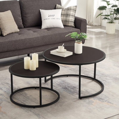 Set of 2 Modern Nesting Round Coffee Table, Faux Leather Accent Tea Table with Metal Base for Living Room