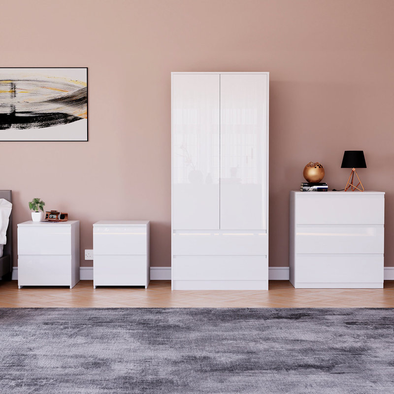 Taniesha 4 Piece Bedroom Set (2 Drawer Bedside Chest X2, 3 Drawer Chest, 2 Door 2 Drawer Wardrobe), (100% FSC), White