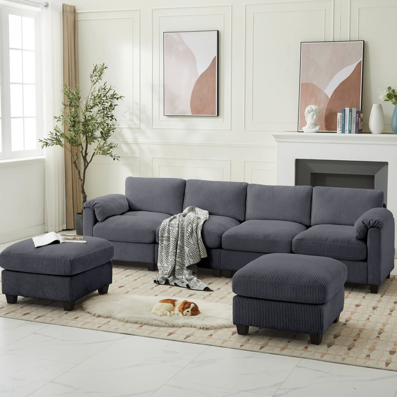 6-Piece Upholstered Corduroy U-Shape Sectional with Ottoman, Dark Gray Corduroy