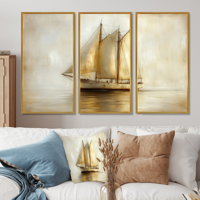 Ensemble de décorations murales bateau à voile blanc Aegean Greek Trireme, Toile avec cadre flottant or