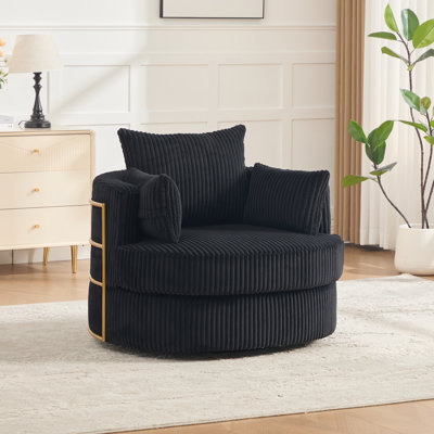 Modern Swivel Accent Chair, Oversized Corduroy Barrel Lounge Chair with Cushions & Gold Metal Frame, Upholstered  Reading Chair for Living Room Bedroom