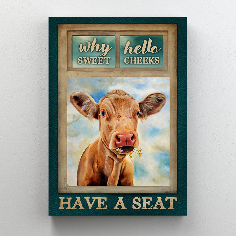 Vache brune - Pourquoi, bonjour, ayez un siège, toile tendue avec châssis - décor d'illustration de salle de bain et de buanderie, décor de salle de bain brun et bleu