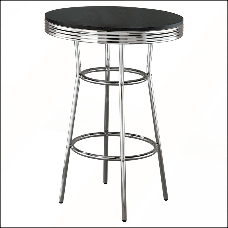 Table de bar ronde noire et chromée de style rétro, parfaite pour ajouter un charme nostalgique à toute salle à manger