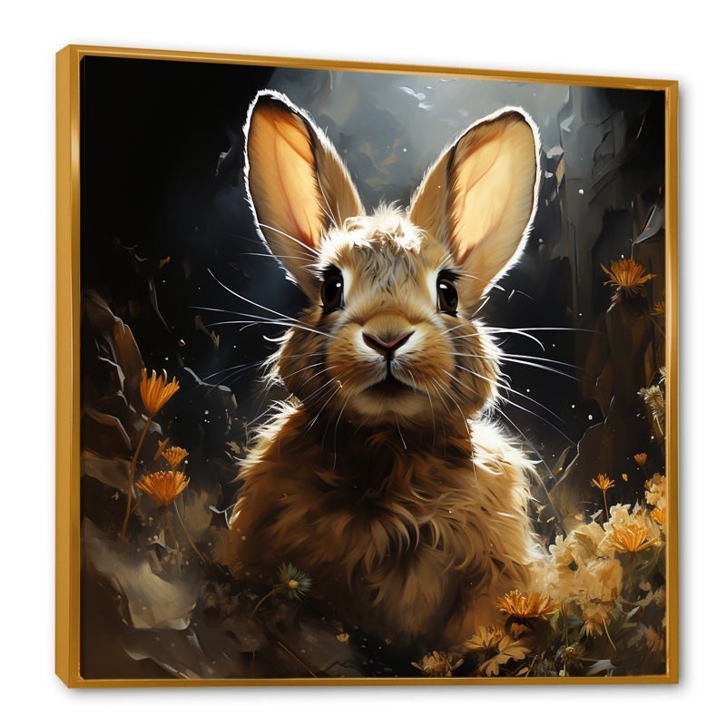 Curieuse fleur de lapin prairie - Art mural de lapin, Cadre flottant doré, H 36 po x l 36 po x P 1,5 po