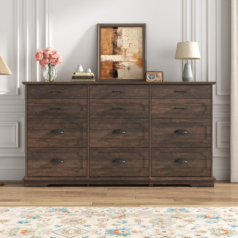 12-Drawer Dresser With Charging Station, 70-Inch Wooden Chest Of Drawers With Power Outlet, Extra-Large Storage Dresser For Bedroom, Living Room, Or Entryway