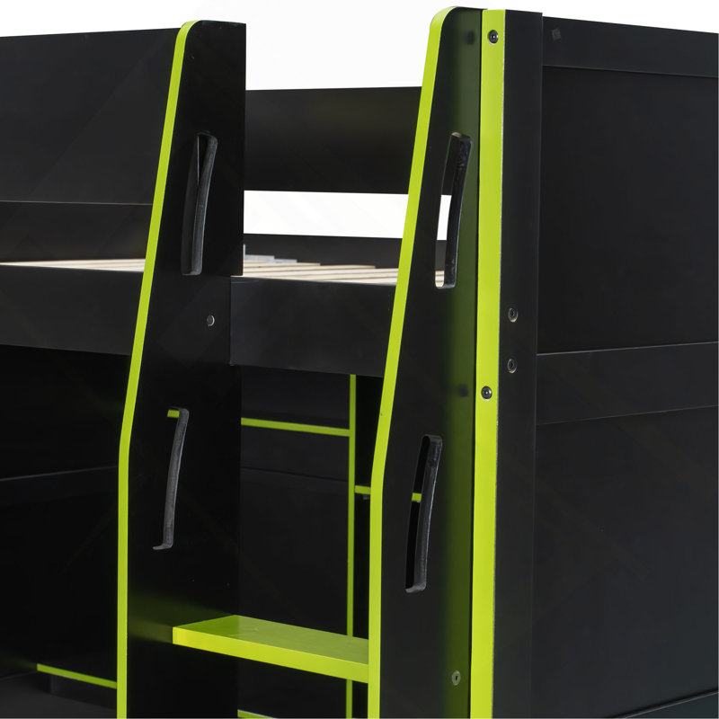 Lit mezzanine en bois avec bureau, garde-robe ouverte, compartiments de rangement et lumières RVB, Vert