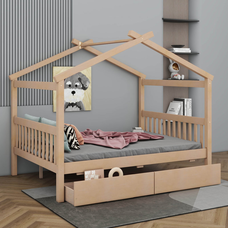 Wooden House Bed With Drawers, Full, Natural
