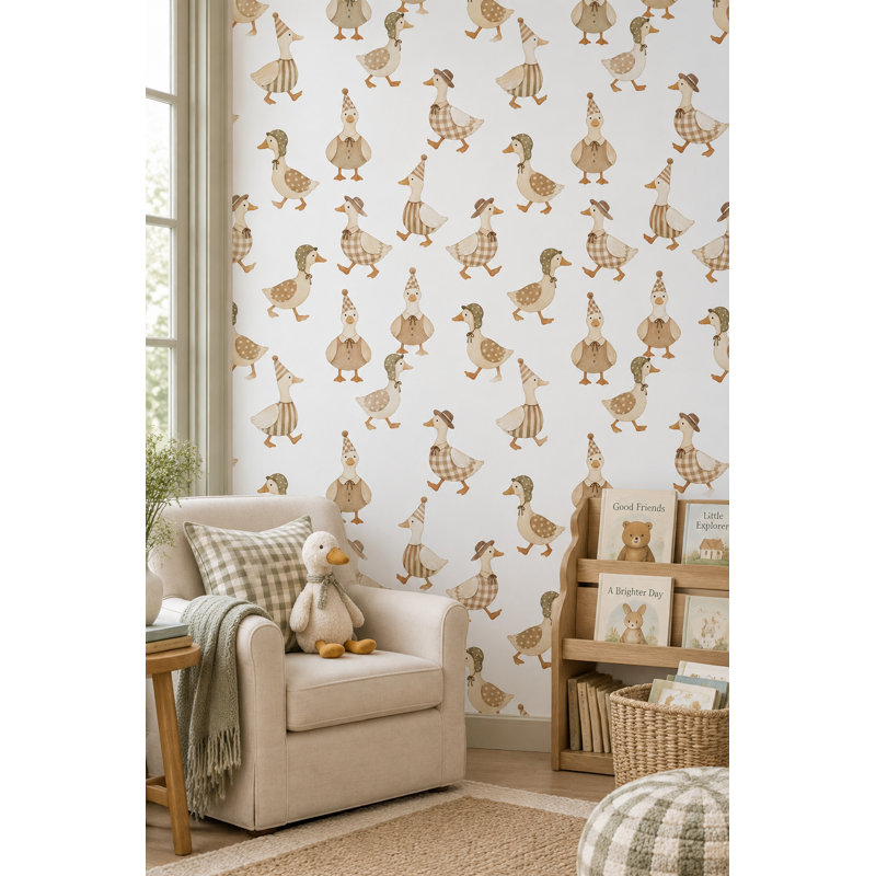Papier peint Canards habillés, motif aquarelle neutre, Peler et coller