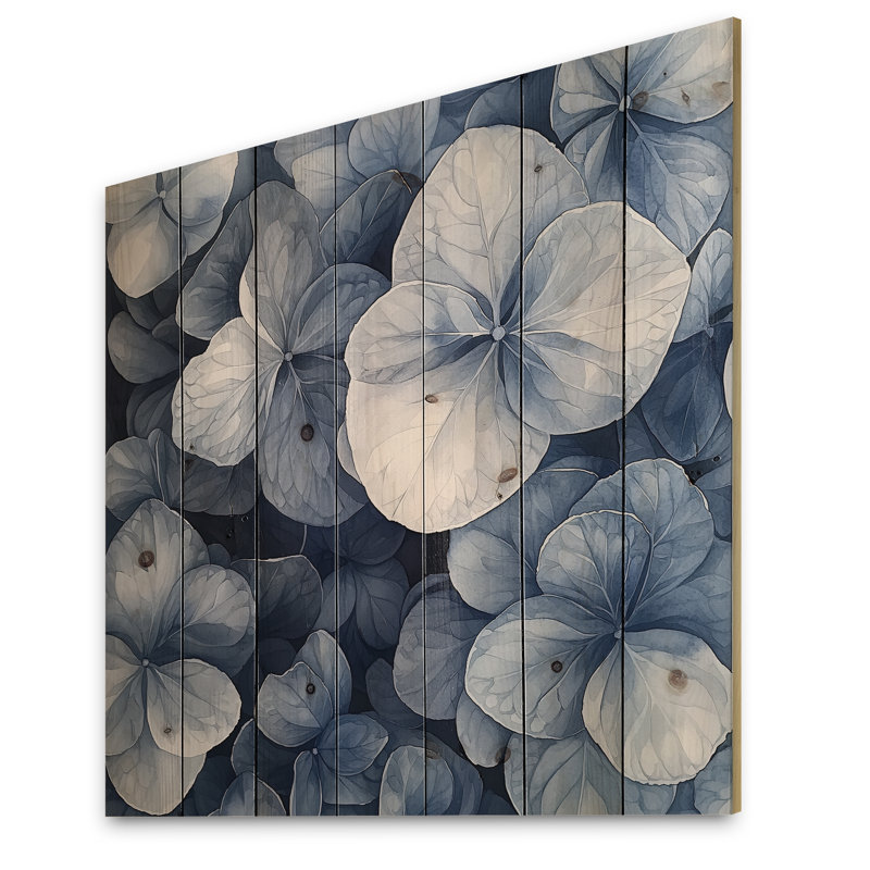 Hortensia grappe avec pétales bleus II - art mural bois d'hortensia - sur bois de pin naturel, H 15 po x l 15 po x P 0,78 po