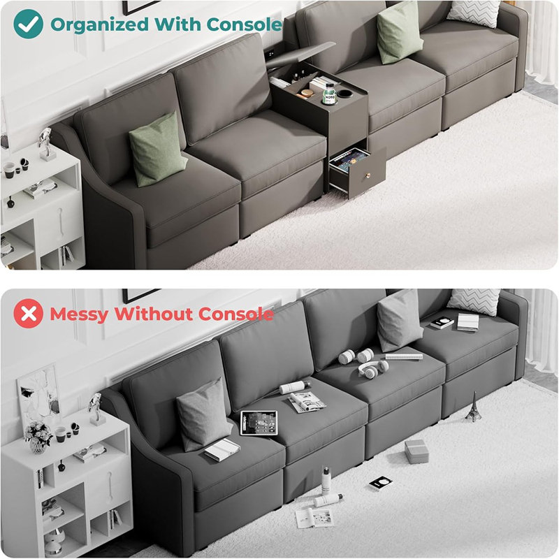 Canapé modulaire modulaire avec console centrale, table d'appoint inclinable avec système d'alimentation intégré, canapé modulaire avec boîte de rangement