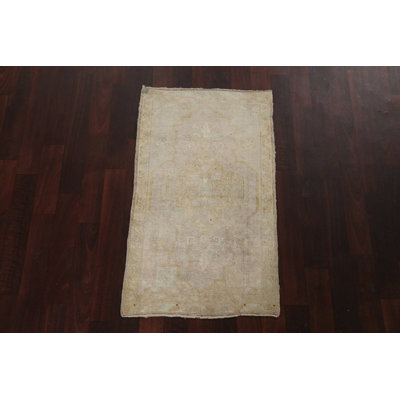 Tapis gris / beige en laine noué à la main de conception unique 1 pi 9 po x 3 pi 1 po New Age