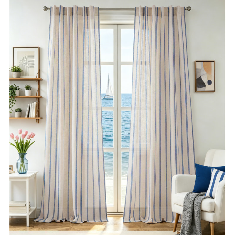 Farmhouse Striped Linen Blend Textured Light Filtering Semi Sheer Rod Pocket Back Tab Curtains, 52" W x 120" L, Navy