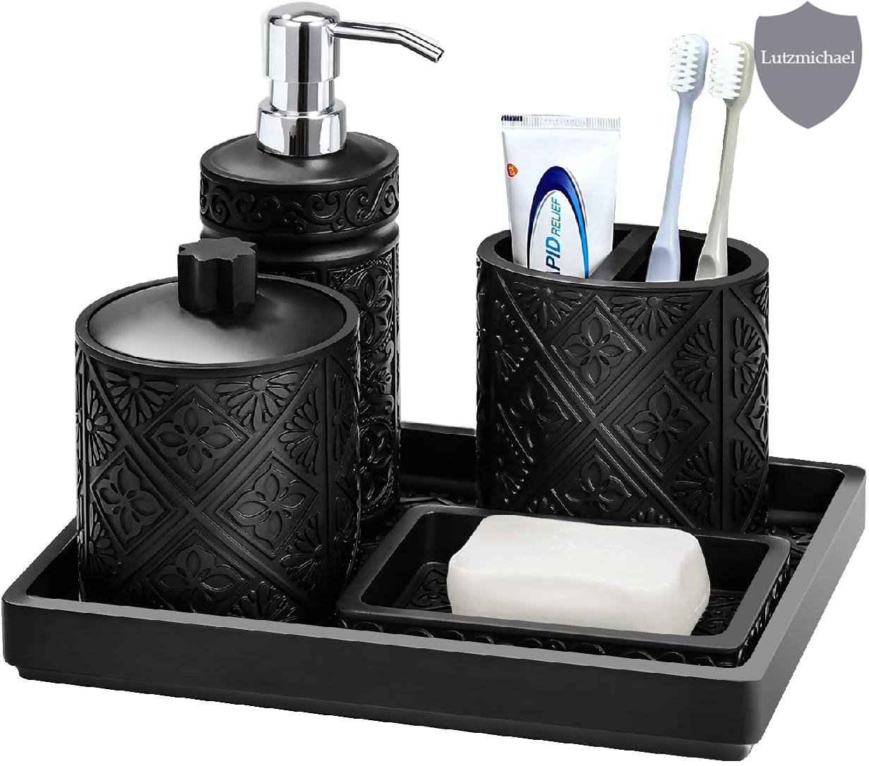 Grey Resin Bathroom Accessory Set, 5 Pcs Bathroom Accessories Set with Lotion Dispenser,Soap Dish,Toothbrush Holder,Vanity Tray,Qtip Holder