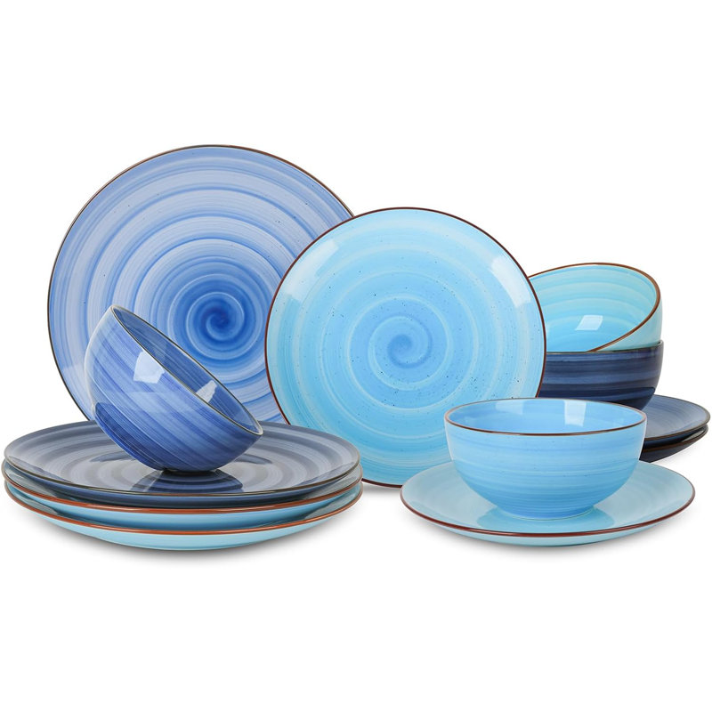 Gradient Blue Swirl Porcelain 12-Piece Dinnerware Set for 4