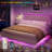 King Size Floating Bed Frame Upholstered Platform with Smart Led Lights & Diamond Headboard, Solid Wood Slats Support, No Box Spring Needed, White-1804586690-1804586748