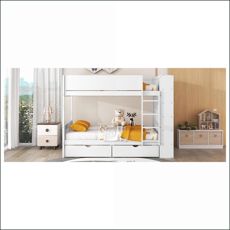 Lit superposé double au-dessus de double avec tiroirs de rangement et amp; Armoire, bois de pin massif Cadre en panneau de fibres à densité moyenne, blanc - idéal pour les familles en pleine croissance