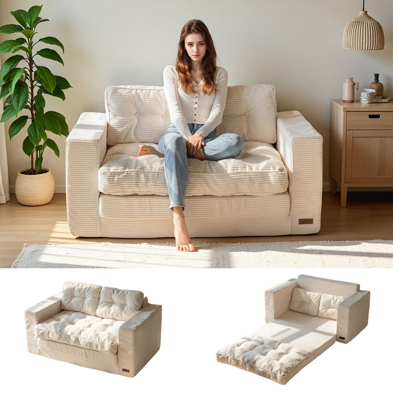 Canapé Bean Bag, causeuse de plancher, Velours côtelé beige, H 29,5 po x l 74,8 po x P 33,5 po
