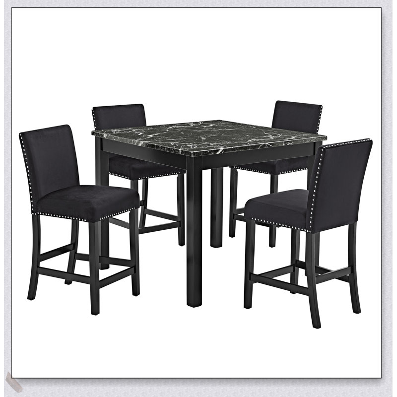 Ensemble de salle à manger à hauteur de comptoir 5 pièces avec table en faux marbre, chaises capitonnées et pieds en bois pour une salle à manger élégante