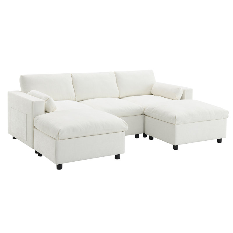 [VIDÉO] Canapé modulaire en forme de 86,5 po avec poches de rangement, 2 repose-pieds mobiles, coussins d'accoudoirs, combinaison libre, canapé à 5 places moderne pour salon et appartement, chenille, 3 couleurs