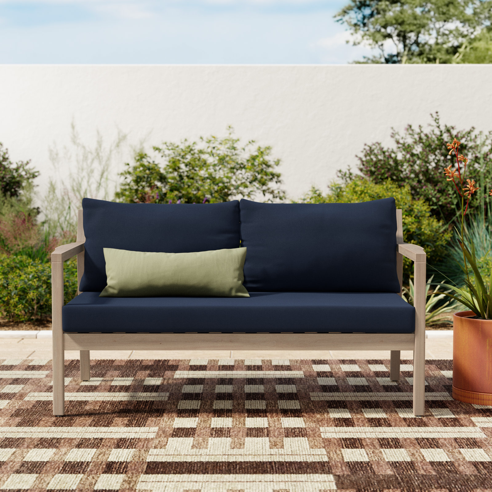 Amina 58" Acacia Patio Loveseat, Navy Performance Olefin