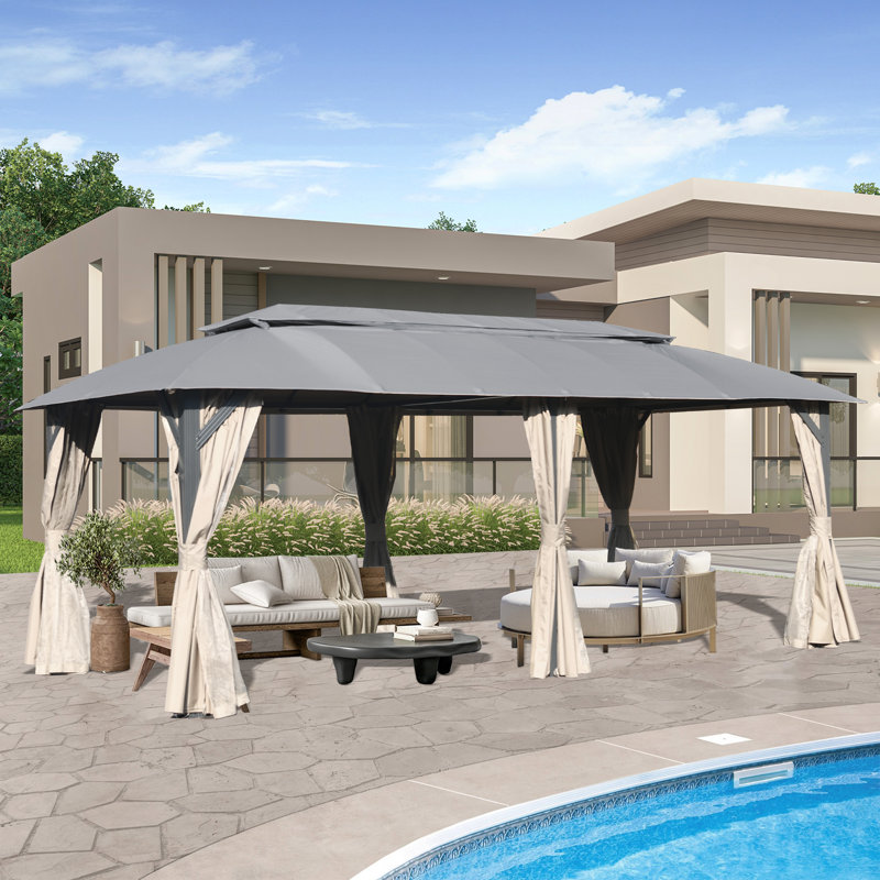 Metal Ventilation Double Roof Party Tent Gazebo, 9.81 ft x 19.62 ft, Gray