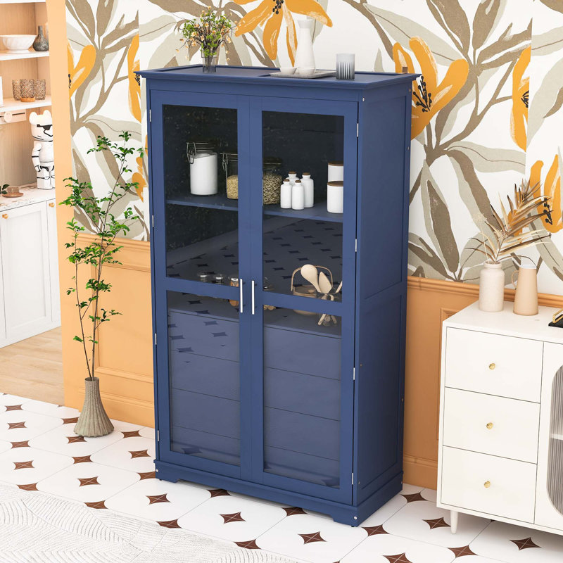 Armoire de cuisine avec portes en verre et 4 tiroirs, Bleu