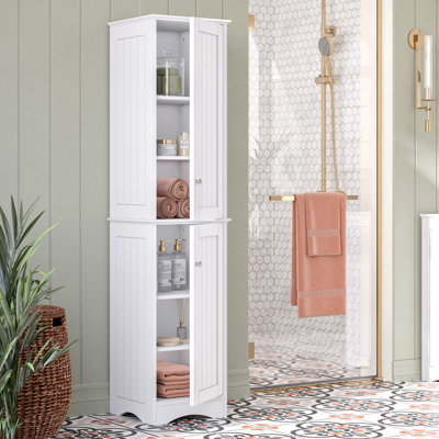 Armoire de rangement haute à deux portes pour salle de bain avec étagères réglables et organisateur de linge - Blanc