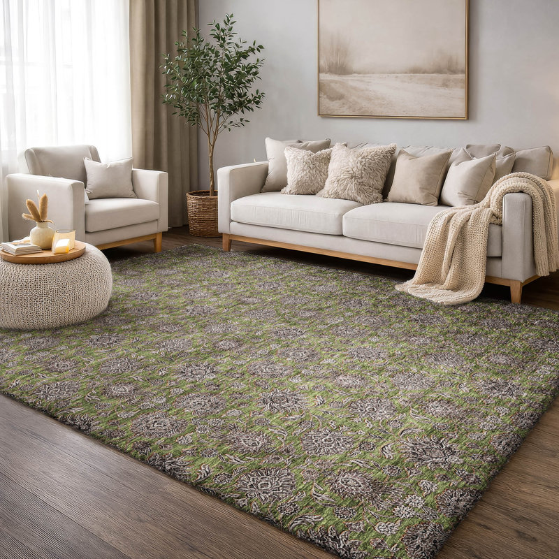 Tapis floral à poils longs de qualité supérieure lavable à la machine ADS702, Olive, 9 pi x 12 pi