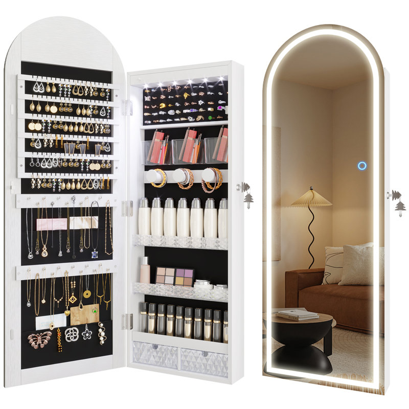 Wall and Door Glass Jewellery Cabinet with Mirror Jewelry Armoire, White