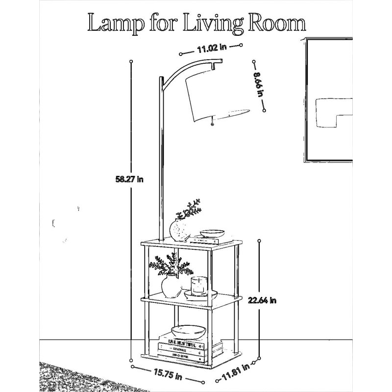 Floor Lamp with Table and Shelves, Side Table with Adjustable Linen Shade and LED Bulb, Multifunctional Shelf Lamp for Living Room, Bedroom, and Office