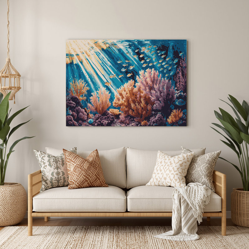 Art mural en métal, scène de récif côtier mauve, H 132 po x l 168 po x P 0,05 po