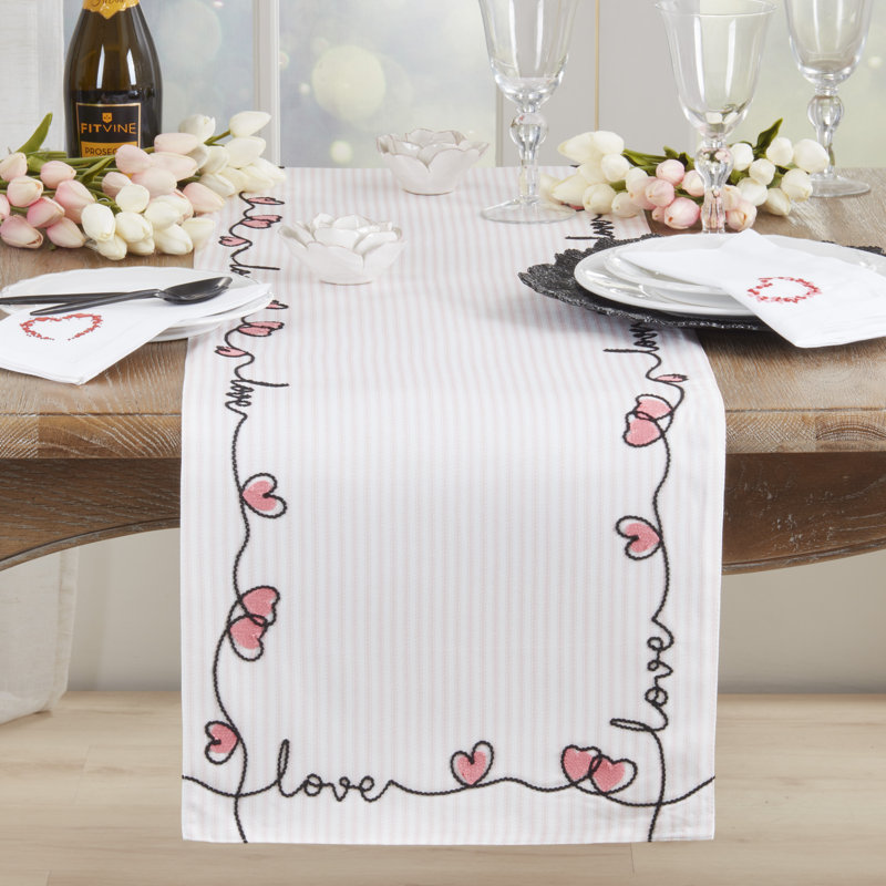 Chemin de table romantique à motif de cœurs - Chemin de table décoratif non réversible pour table de salle à manger, 16 po x 70 po