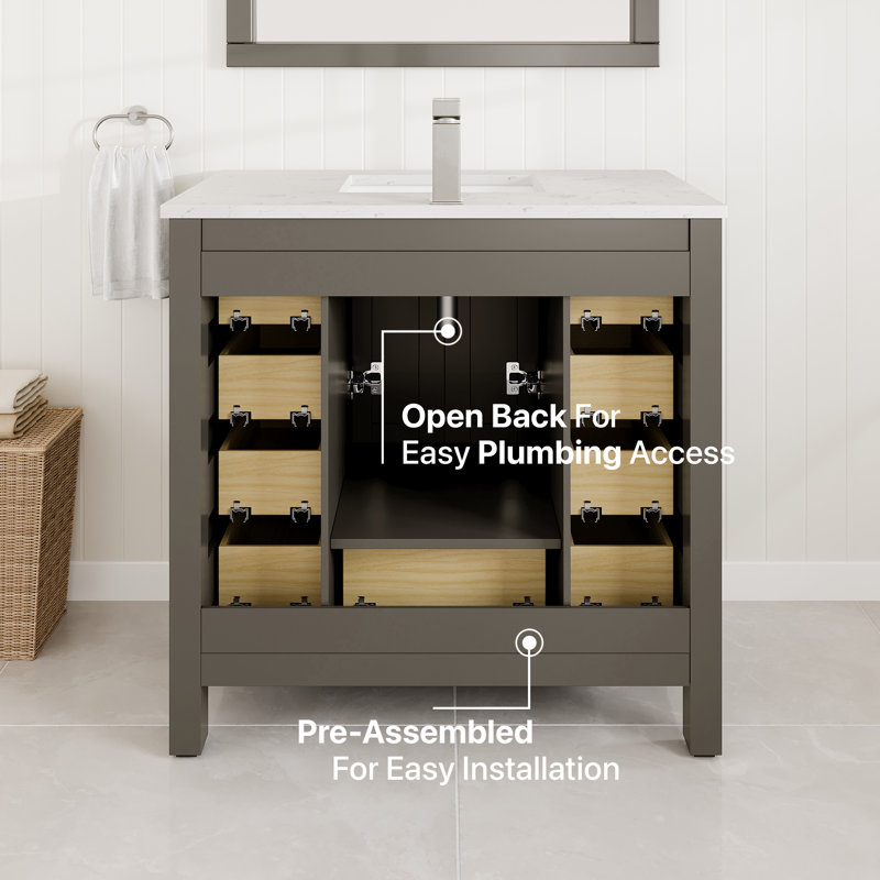 Lark Manor™ Ethyn 36"W X 18"D Dark Grey Bathroom Vanity With White Carrara Quartz Countertop And Undermount Porcelain Sink