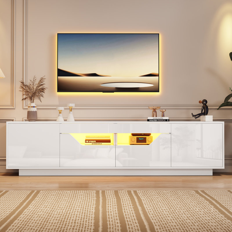 High-Gloss Tv Stand For 75" Tvs - Led App Control, 2 Drawers, 2 Cabinets, Soft-Close Doors, White