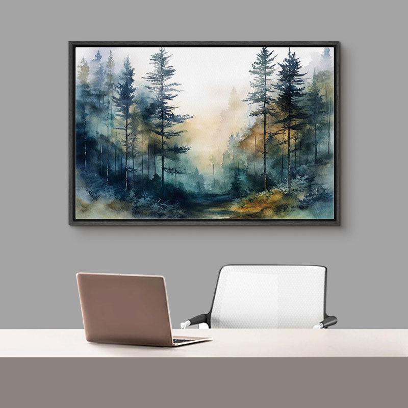 Paysage de forêt Woodland «Pine Tree Forest» sur, Cadre flottant noir, H 16 po x l 24 po