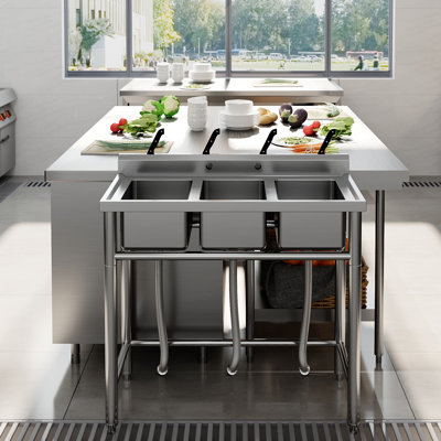 Évier utilitaire à 3 compartiments en acier inoxydable certifié NSF - Lavabo commercial avec pieds réglables 57 po x 26 po x 44 po - Poste de travail autoportant pour restaurant, garage et maison