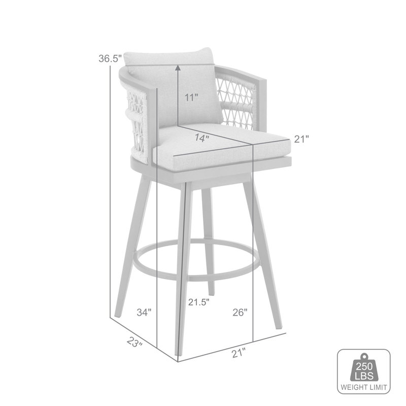 Tabouret de comptoir pivotant d'extérieur en aluminium Rinehart avec corde gris clair et coussins Earl Grey - ensemble de 3