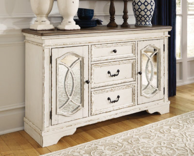 Chipped White and Distressed Wood Mirrored 59'' Rustic Sideboard