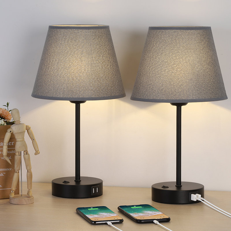 Set Of 2 Usb Table Lamps, Bedside Desk Lamps With Dual Usb Charging Ports, Nightstand Lamps With Flaxen Fabric Shade For Bedroom Living Room College Dorm Office