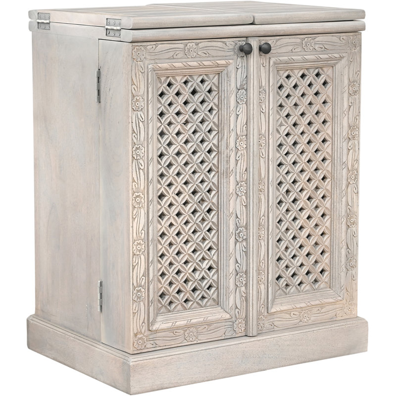 Expandable Solid Wood Mango Bar Cabinet with Stemware Rack & Bottle Storage, White