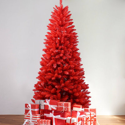 7FT Red Christmas Tree – Pure Red PVC Tree With 1066 Tips, Hinged Branches For Easy Setup, Stable Metal Stand, Bold Holiday Decoration