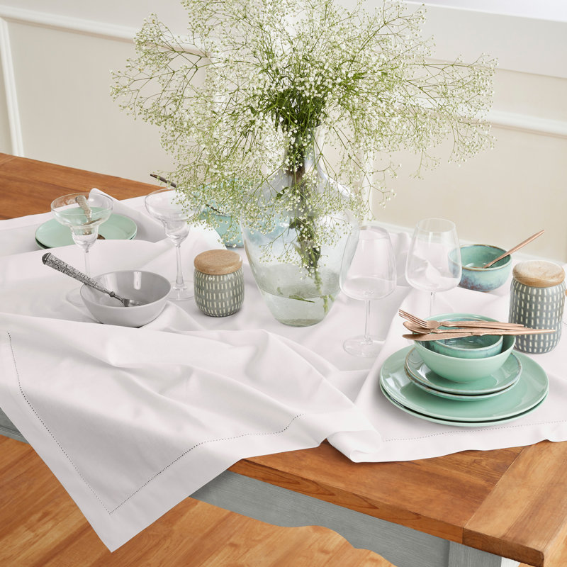 Cotton Linen Hemstitch - 100% Pure Table Throw, White