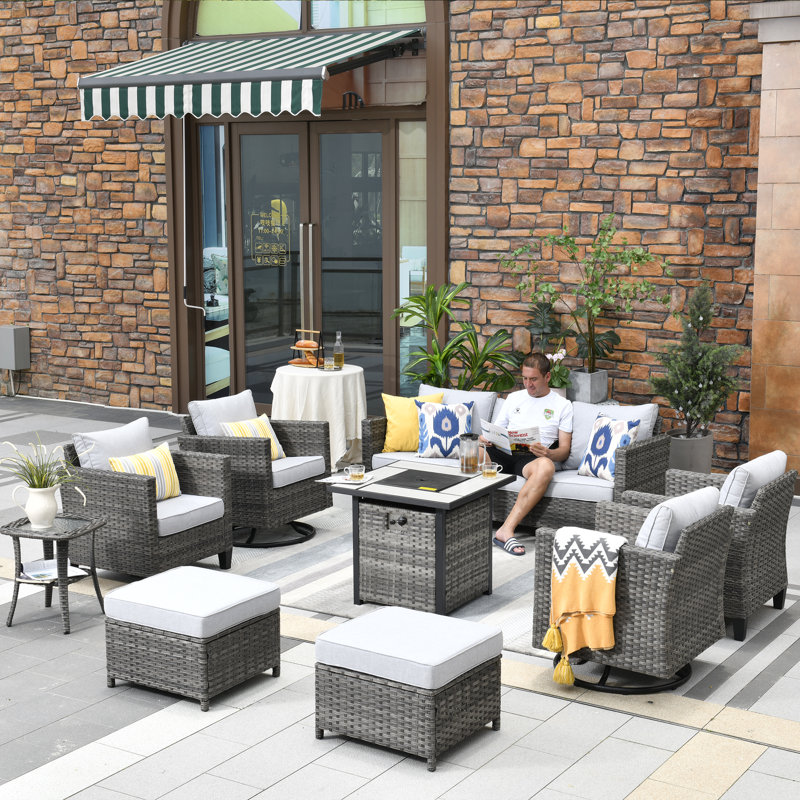 Ensemble de conversation pour patio en osier / rotin pour 7 personnes avec coussins avec foyer Harbin, gris