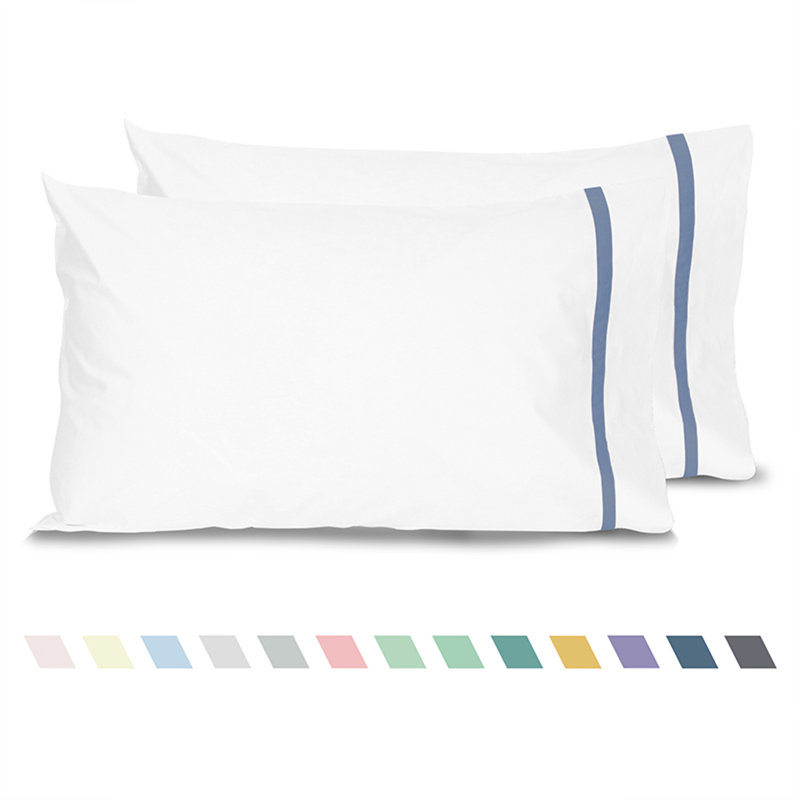 Striped 100% Cotton Percale Pillowcases Open Pillowcases Set, Sea Blue, King